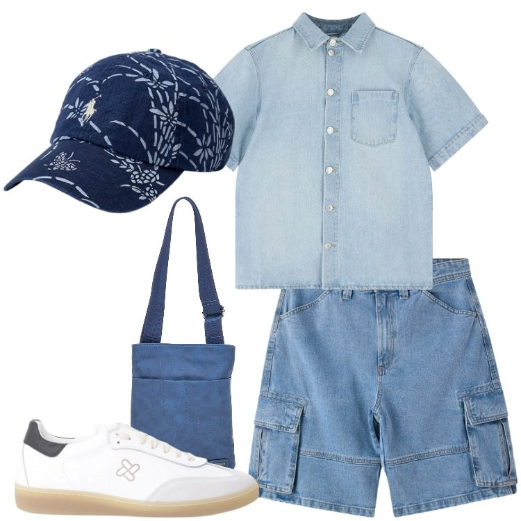 Outfit uomo - Passione denim. Stile Casual per Tutti i giorni. Abbinamento con bermuda, sneakers, camicie a manica corta, cappelli, portafogli.