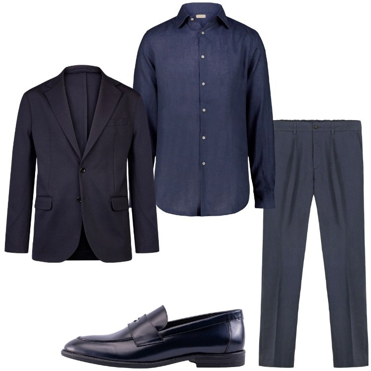 Outfit uomo - Doppelganger solo blu. Stile Business/Elegante per Serata speciale. Abbinamento con giacche, scarpe stringate, pantaloni, camicie.
