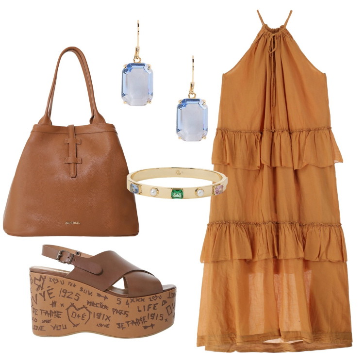 Outfit donna - Bruciante. Stile Boho per Serata fuori. Abbinamento con borse tote, vestiti lunghi, zeppe, orecchini, braccialetti.