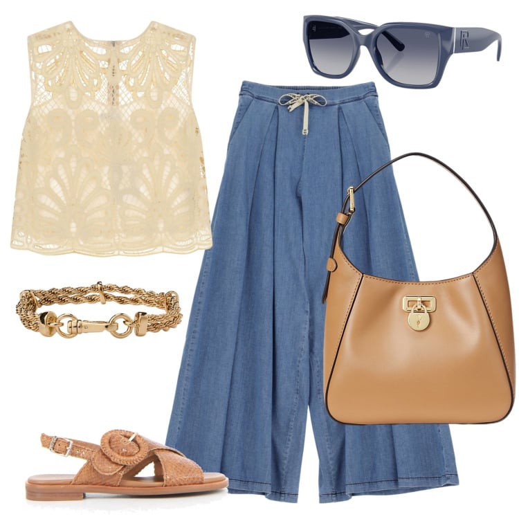 Outfit donna - Il top effetto macramè super raffinato. Stile Casual chic per Tutti i giorni. Abbinamento con top, jeans, braccialetti, occhiali da sole, borse a tracolla, sandali.
