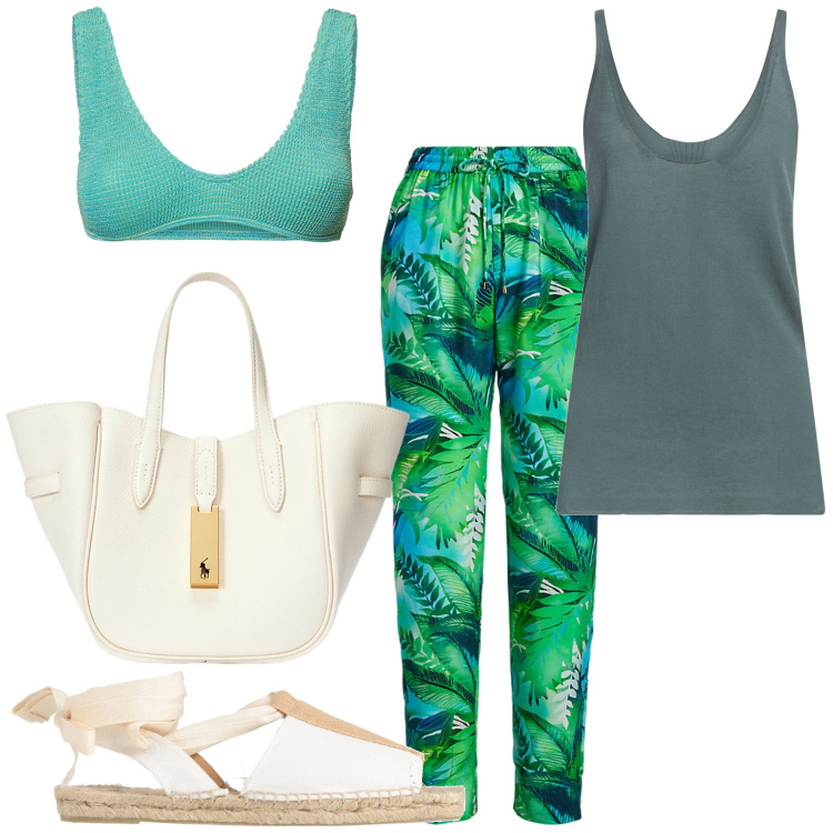 Outfit donna - Verde e panna. Stile Bon Ton per Mare. Abbinamento con espadrillas, top, borse tote, vestiti da spiaggia, bikini.