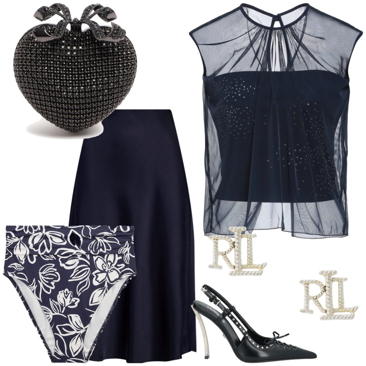 Outfit donna - Trasparenze romantiche. Stile Chic per Serata fuori. Abbinamento con décolleté, top, orecchini, gonne, bikini, pochette.