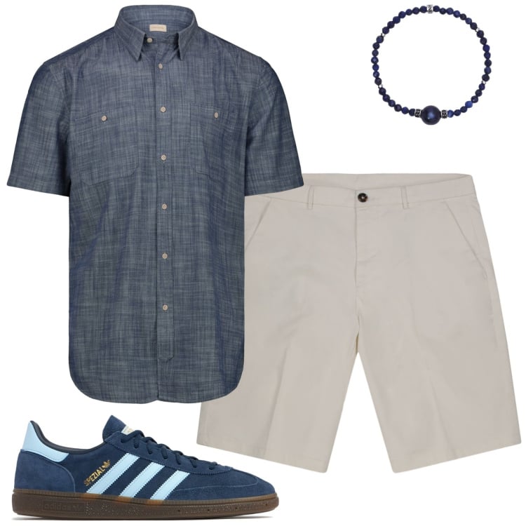 Outfit uomo - City. Stile Urban per Tutti i giorni. Abbinamento con braccialetti, camicie a manica corta, bermuda, sneakers.