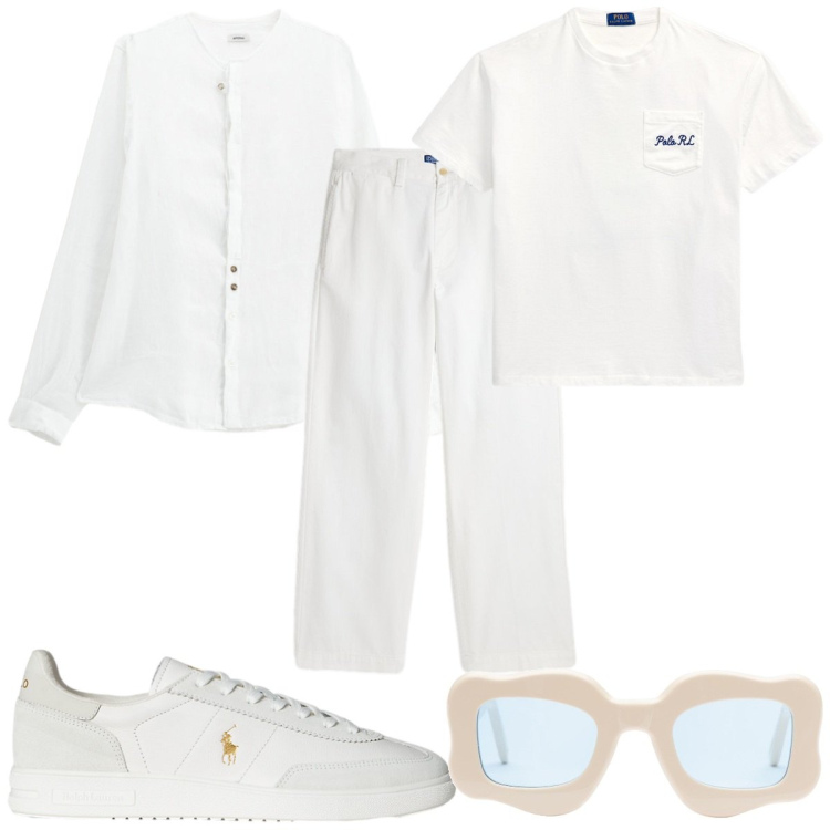 Outfit uomo - Trendy total white. Stile Trendy per Tutti i giorni. Abbinamento con camicie, pantaloni, sneakers, t-shirt, occhiali da sole.