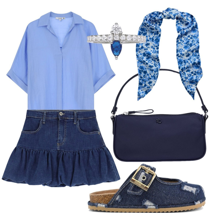Outfit donna - Denim. Stile Casual chic per Tutti i giorni. Abbinamento con anelli, minigonne, camicie a manica corta, pochette, sciarpe, sabot.