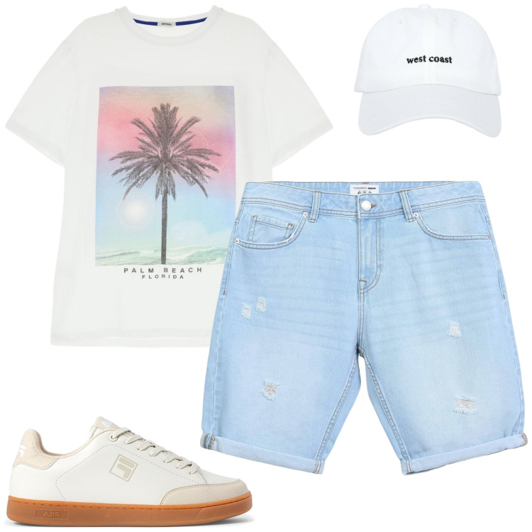 Outfit uomo - Weekend. Stile Casual per Tutti i giorni. Abbinamento con cappelli, shorts, t-shirt, sneakers.