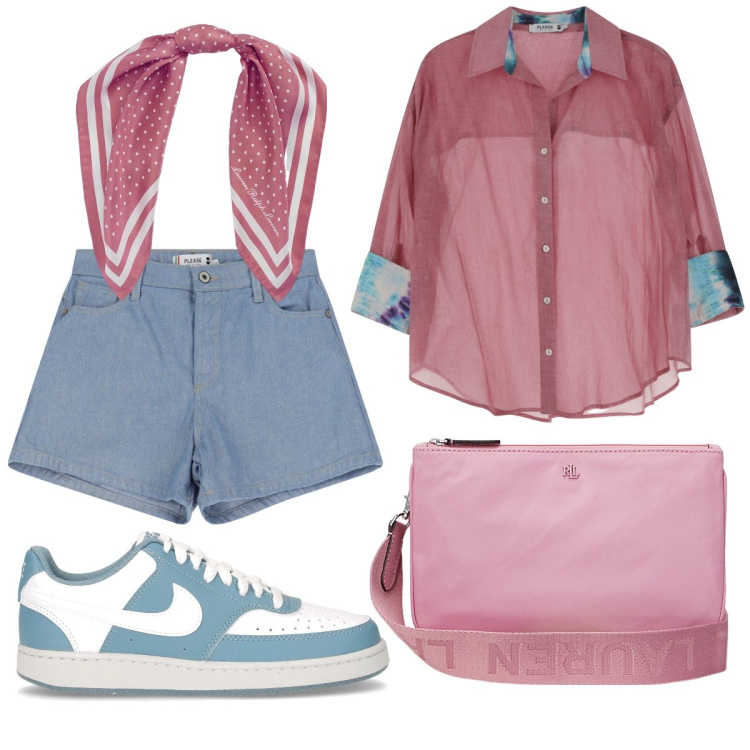 Outfit donna - In città. Stile Sporty chic per Tutti i giorni. Abbinamento con camicie, shorts, borse a tracolla, foulard, sneakers.