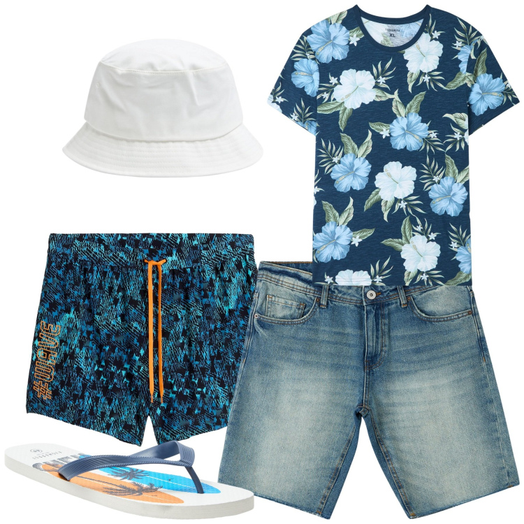 Outfit uomo - Al mare. Stile Casual per Mare. Abbinamento con costumi, t-shirt, sandali, cappelli, bermuda.