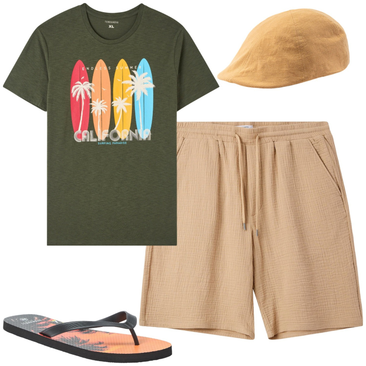 Outfit uomo - Weekend. Stile Casual per Tutti i giorni. Abbinamento con t-shirt, sandali, pantaloni corti, cappelli con visiera.