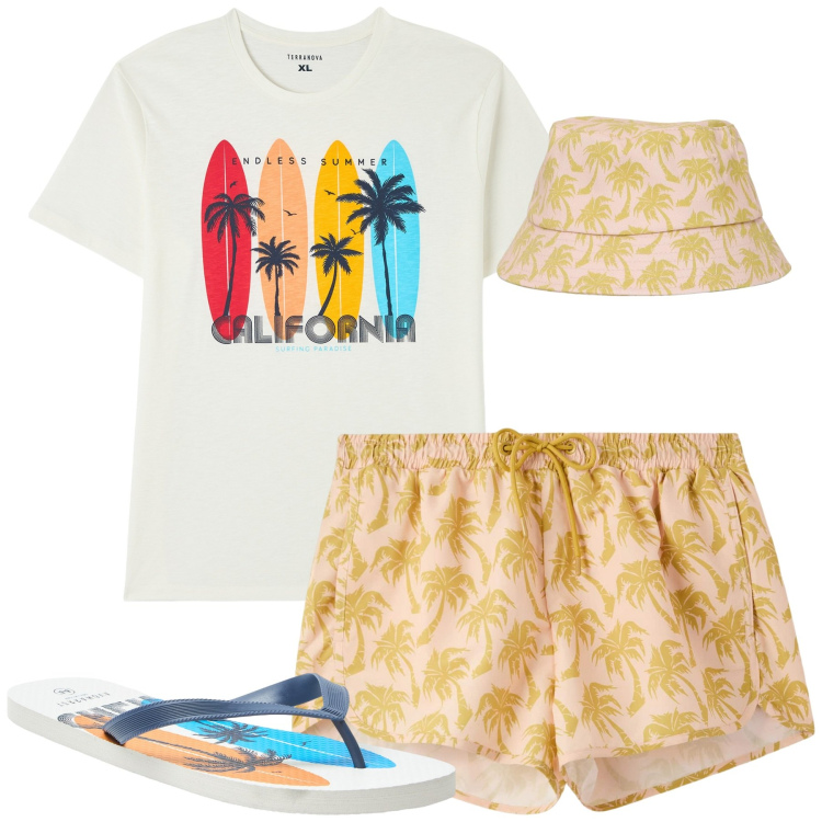 Outfit uomo - Al mare. Stile Casual per Mare. Abbinamento con t-shirt, sandali, cappelli con visiera, costumi.