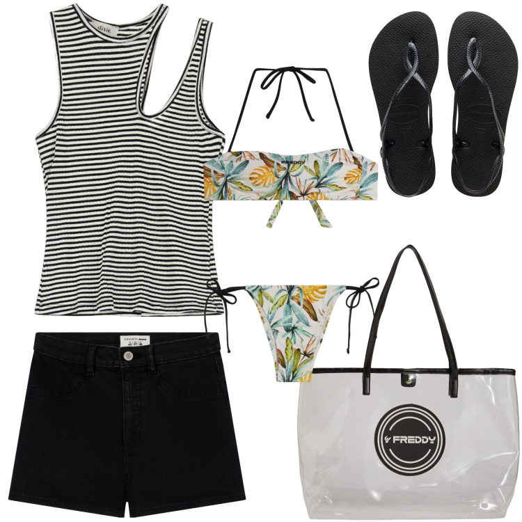 Outfit donna - Il top stravagante. Stile Casual per Mare. Abbinamento con shorts, shopping bag, bikini, bikini, top, ciabatte.