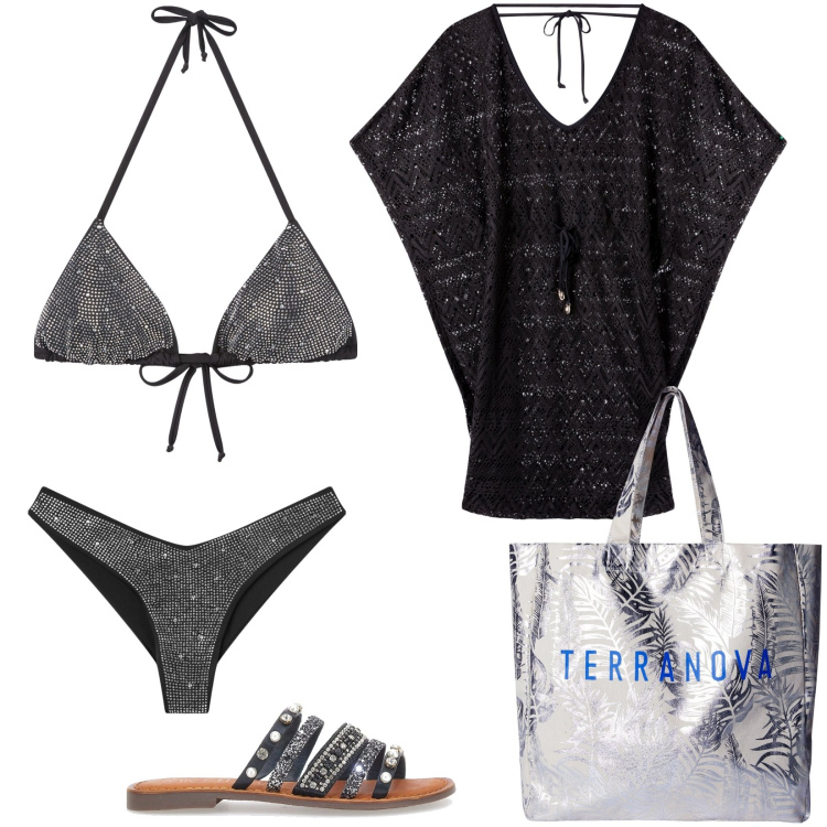 Outfit donna - Glamour in spiaggia. Stile Glamour per Mare. Abbinamento con vestiti da spiaggia, borse tote, bikini, bikini, ciabatte.