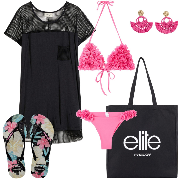 Outfit donna - Vacanze al mare. Stile Casual chic per Mare. Abbinamento con vestiti da spiaggia, orecchini, bikini, bikini, shopping bag, infradito.