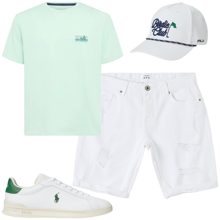 Outfit uomo - Estate. Stile Casual per Tutti i giorni. Abbinamento con bermuda, sneakers, cappelli, t-shirt.