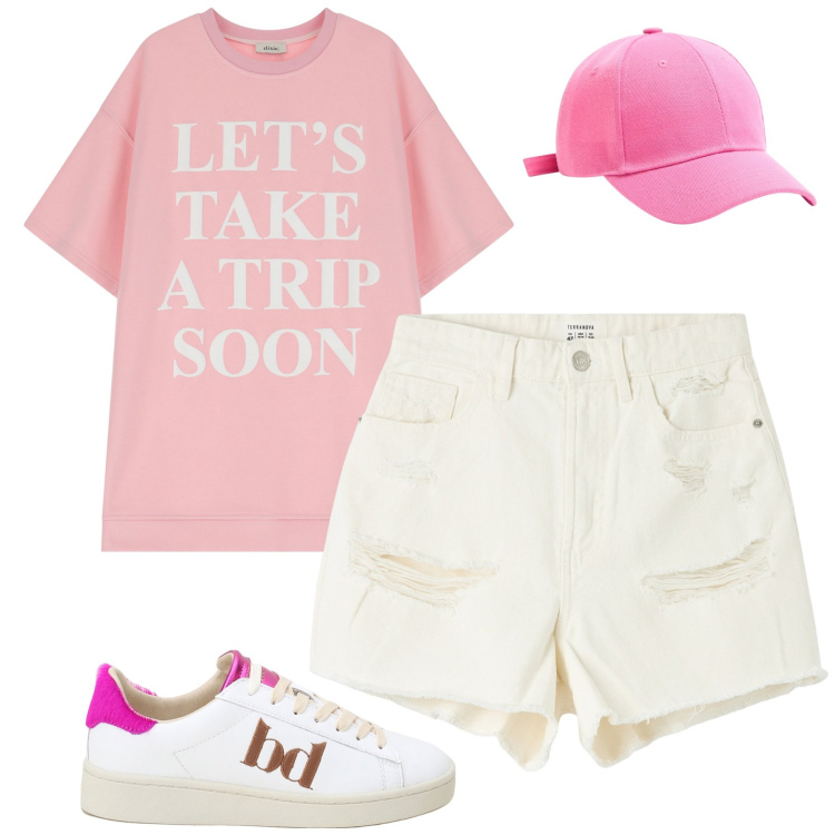 Outfit donna - Luglio. Stile Casual per Tutti i giorni. Abbinamento con shorts, cappelli, sneakers, vestiti corti.