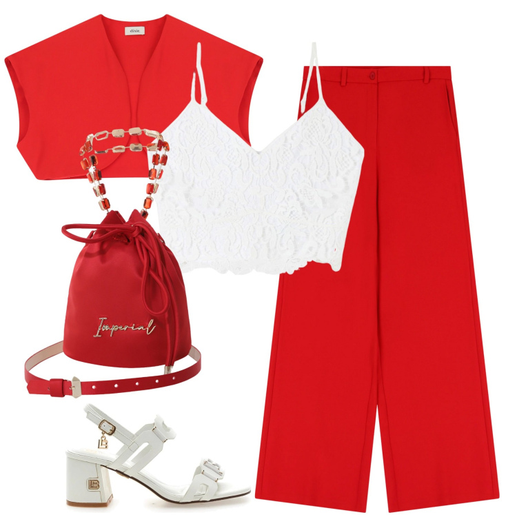 Outfit donna - Minimal chic. Stile Casual chic per Tutti i giorni. Abbinamento con top, borse a secchiello, gilet, pantaloni, sandali col tacco.