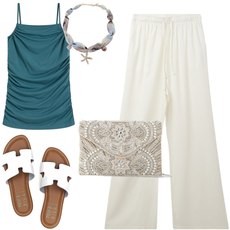 Outfit donna - Total look #2198732. Stile Casual per Tutti i giorni. Abbinamento con pochette, top, pantaloni, collane, ciabatte.