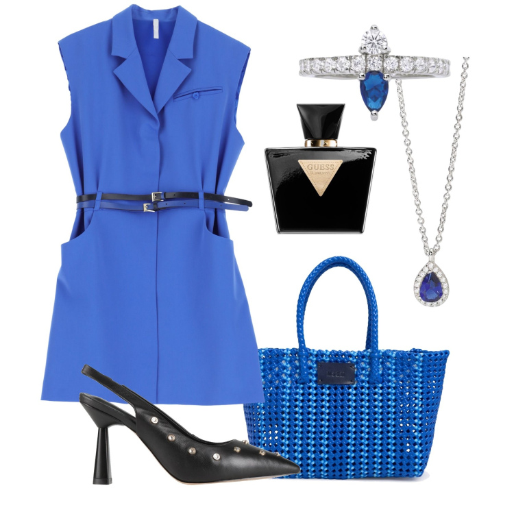 Outfit donna - Evento blu cina. Stile Glamour per Cerimonia. Abbinamento con décolleté, profumi, anelli, collane, vestiti corti, shopping bag.