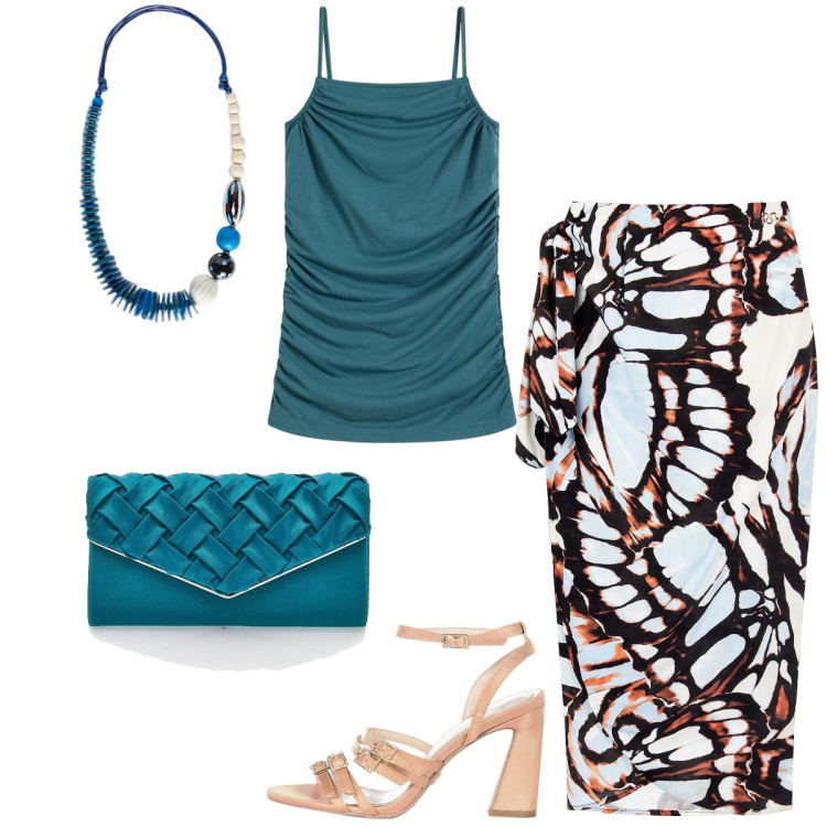 Outfit donna - Cocktail/eventi estivi. Stile Chic per Cerimonia. Abbinamento con top, gonne longuette, sandali col tacco, borse a tracolla, collane.
