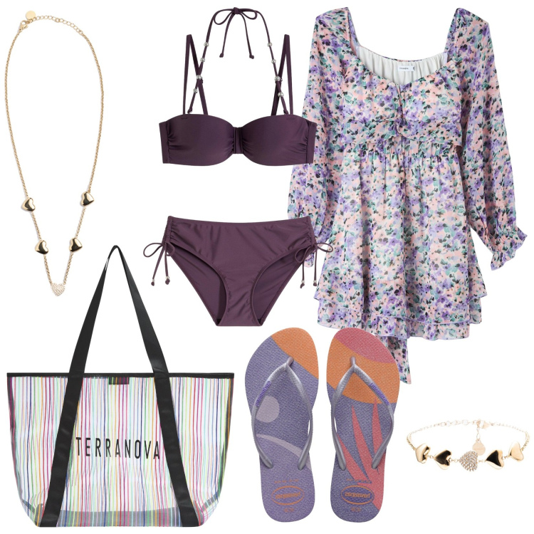 Outfit donna - Mare, mare, mare. Stile Romantica per Mare. Abbinamento con bikini, vestiti corti, shopping bag, braccialetti, collane, infradito.