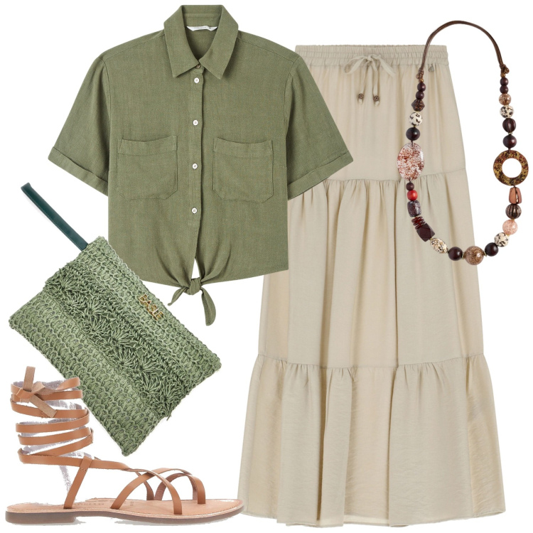 Outfit donna - Luglio. Stile Boho per Tutti i giorni. Abbinamento con camicie a manica corta, gonne lunghe, sandali alla schiava, collane, pochette.