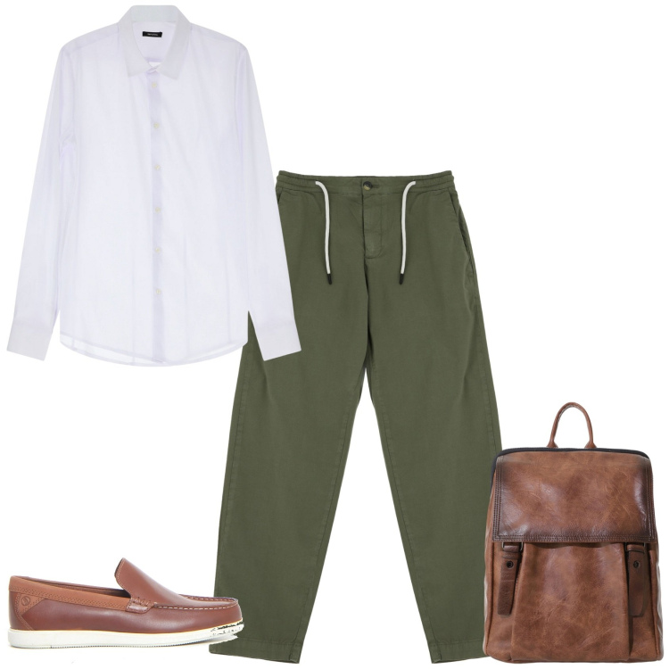 Outfit uomo - Total look #2198748. Stile Trendy per Ufficio. Abbinamento con camicie, pantaloni chino, borse sportive, scarpe stringate.