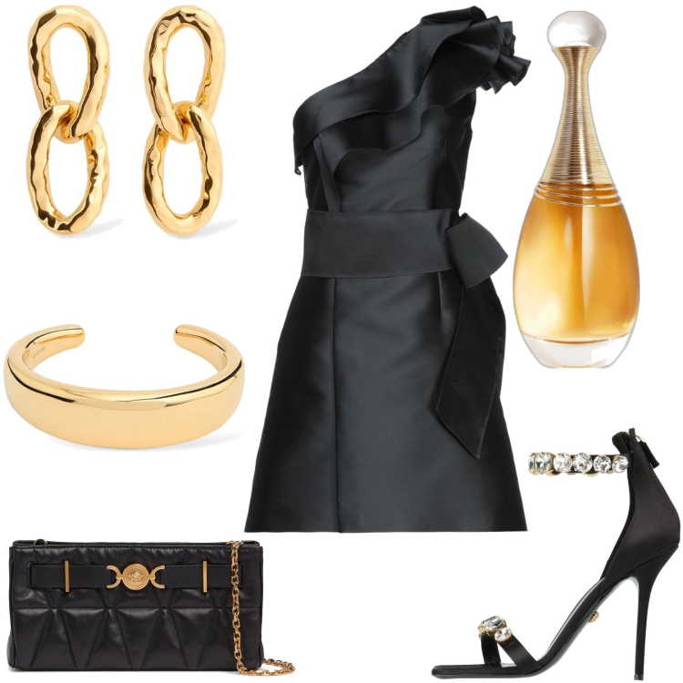 Outfit donna - Eventi glamour. Stile Glamour per Serata fuori. Abbinamento con sandali in pelle, vestiti corti, profumi, braccialetti, orecchini, pochette.