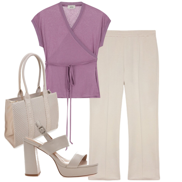 Outfit donna - City. Stile Urban per Tutti i giorni. Abbinamento con top, pantaloni, borse a spalla, sandali col tacco.