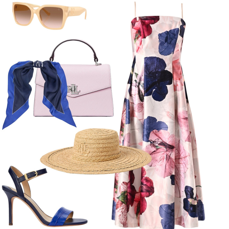 Outfit donna - Summer sales. Stile Chic per Cerimonia. Abbinamento con vestiti midi/longuette, foulard, occhiali da sole, sandali in pelle, borse a mano, cappelli.