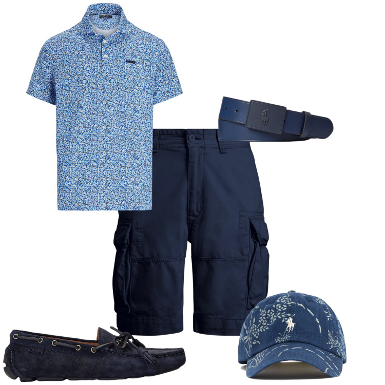 Outfit uomo - Total look #2198772. Stile Trendy per Mare. Abbinamento con scarpe stringate, cinture, polo, shorts, cappelli.