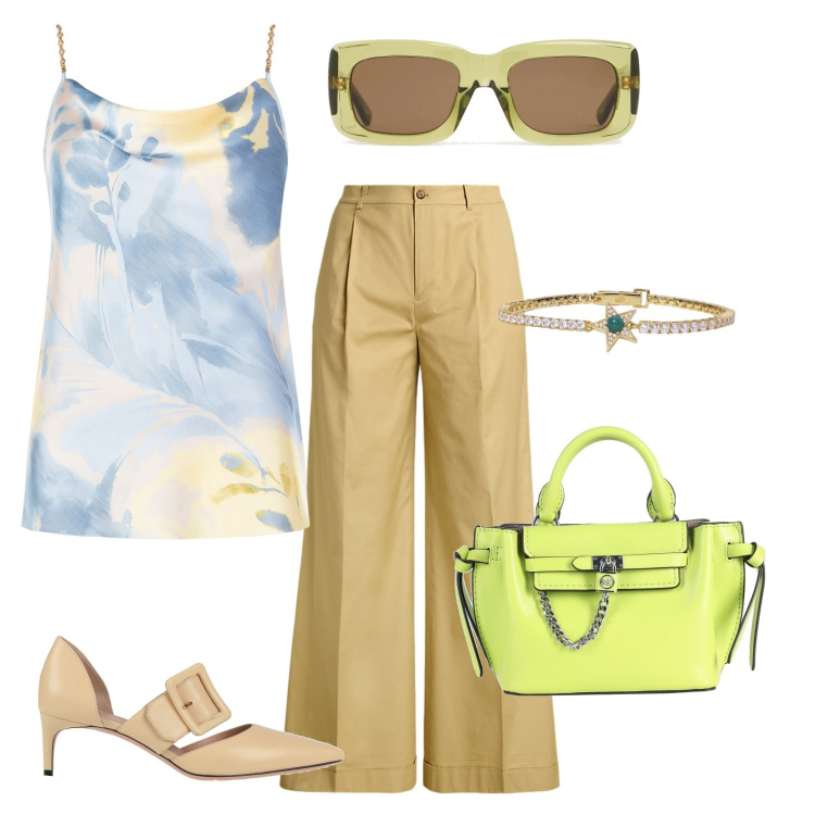 Outfit donna - Passeggiata in centro.. Stile Casual chic per Tutti i giorni. Abbinamento con décolleté, borse a mano, top, braccialetti, pantaloni, occhiali da sole.