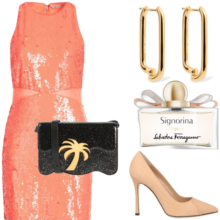 Outfit donna - Ferragosto glamour. Stile Glamour per Serata fuori. Abbinamento con décolleté, vestiti corti, borse a tracolla, profumi, orecchini.