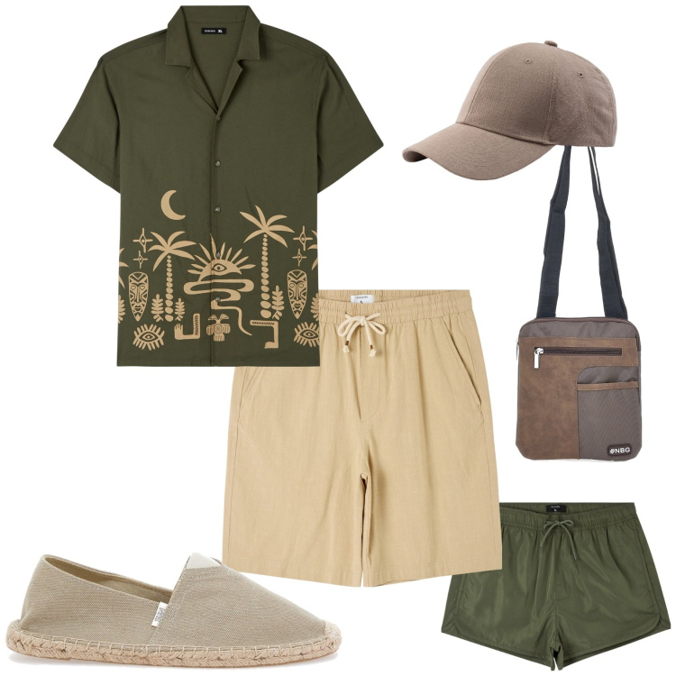 Outfit uomo - Total look #2198785. Stile Casual per Mare. Abbinamento con camicie a manica corta, shorts, costumi, espadrillas, borse sportive, cappelli con visiera.