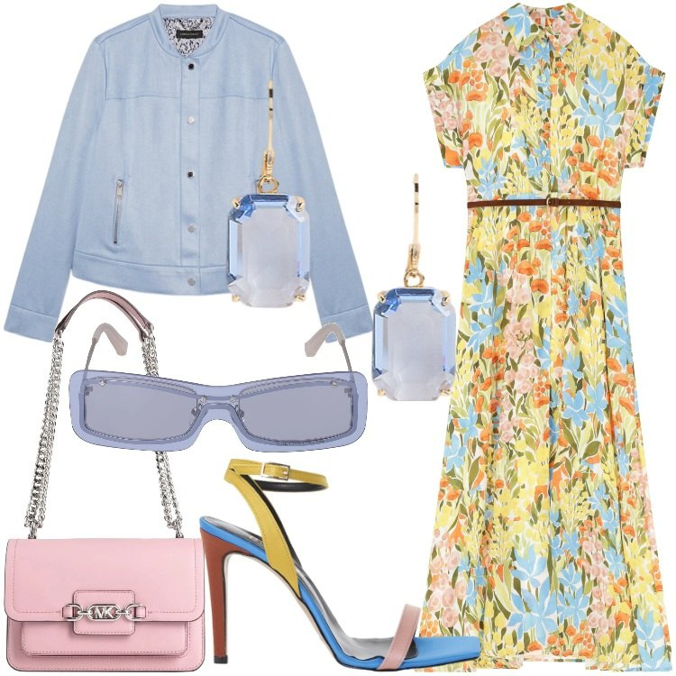 Outfit donna - Fiori in città. Stile Chic per Tutti i giorni. Abbinamento con borse a spalla, vestiti lunghi, sandali col tacco, orecchini, blazer, occhiali da sole.