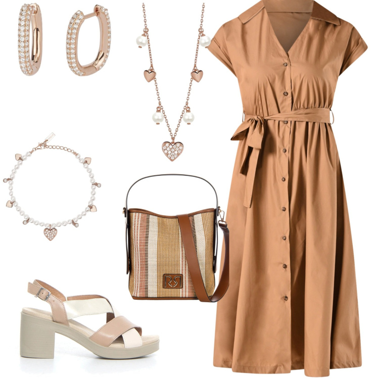 Outfit donna - Total look #2198793. Stile Casual chic per Tutti i giorni. Abbinamento con collane, orecchini, braccialetti, vestiti chemisier, borse a secchiello, sandali col tacco.