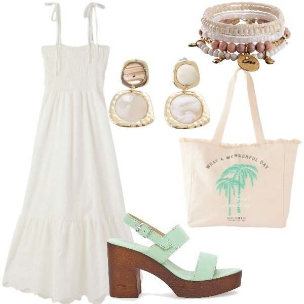 Outfit donna - Le serate di Luglio. Stile Casual chic per Serata fuori. Abbinamento con braccialetti, shopping bag, vestiti midi/longuette, orecchini, zoccoli.