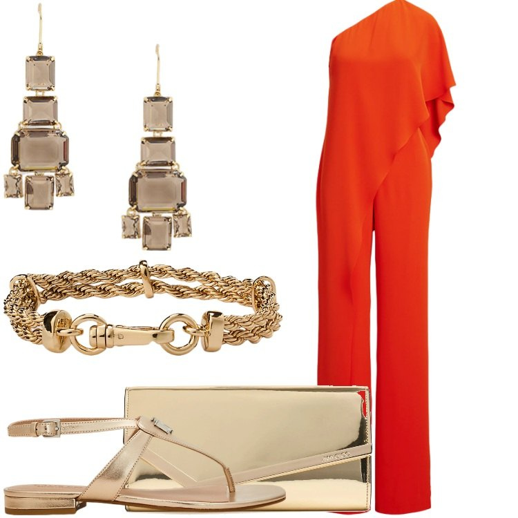 Outfit donna - La tuta a mantella. Stile Chic per Serata fuori. Abbinamento con braccialetti, sandali in pelle, orecchini, tute, pochette.