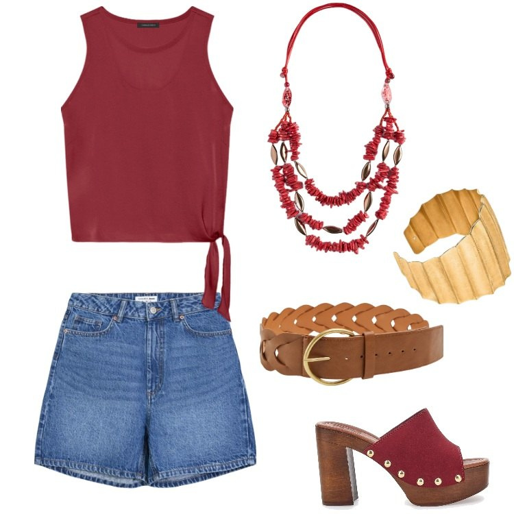 Outfit donna - Total look #2198809. Stile Boho per Mare. Abbinamento con bermuda, cinture, top, zoccoli, braccialetti, collane.