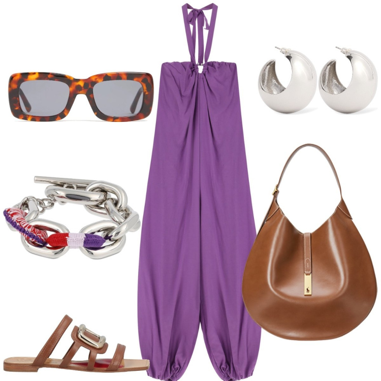Outfit donna - La tuta viola. Stile Boho per Tutti i giorni. Abbinamento con sandali in pelle, tute, borse a spalla, occhiali da sole, braccialetti, orecchini.