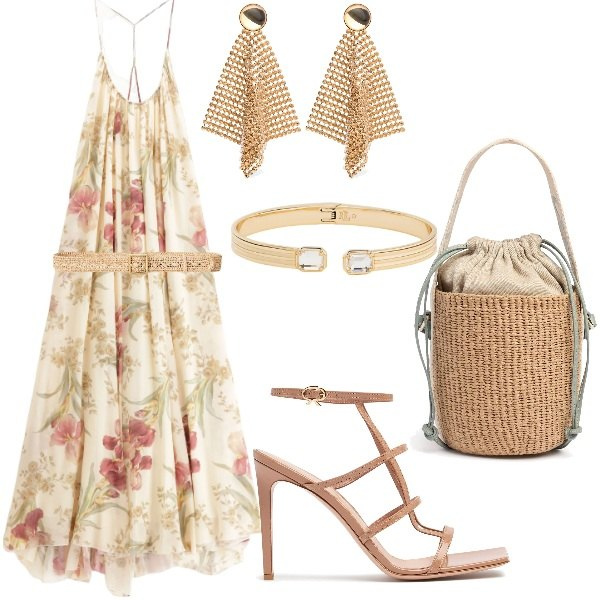 Outfit donna - Compleanno in villa. Stile Glamour per Serata fuori. Abbinamento con vestiti lunghi, braccialetti, cinture, borse a secchiello, sandali in pelle, orecchini.