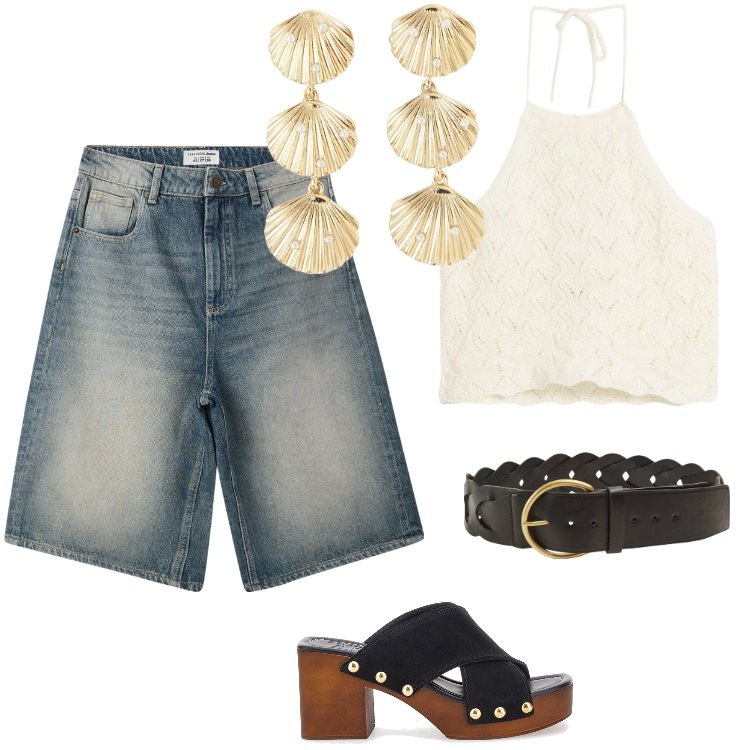 Outfit donna - Total look #2198814. Stile Boho per Mare. Abbinamento con top, bermuda, orecchini, cinture, zoccoli.