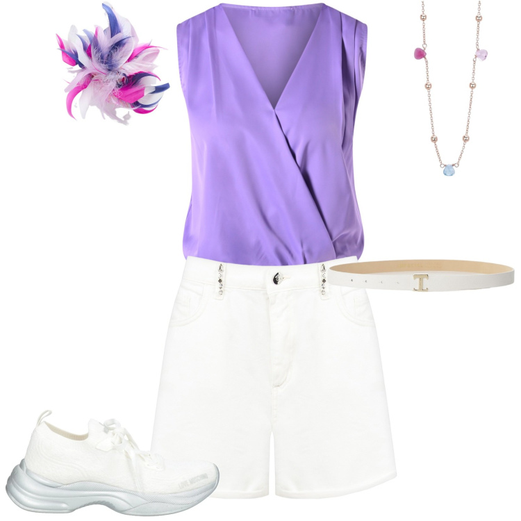 Outfit donna - Total look #2198818. Stile Casual chic per Tutti i giorni. Abbinamento con sneakers, collane, top, shorts, cinture, accessori per capelli.