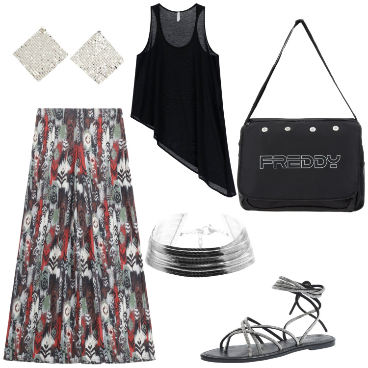 Outfit donna - Viaggio in Turchia. Stile Boho per Tutti i giorni. Abbinamento con sandali alla schiava, orecchini, pantaloni, canottiere, borse messenger, braccialetti.