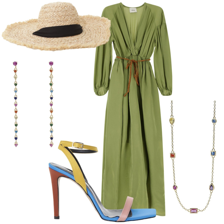 Outfit donna - Verde speranza. Stile Boho per Mare. Abbinamento con orecchini, collane, cappelli, sandali col tacco, vestiti lunghi.
