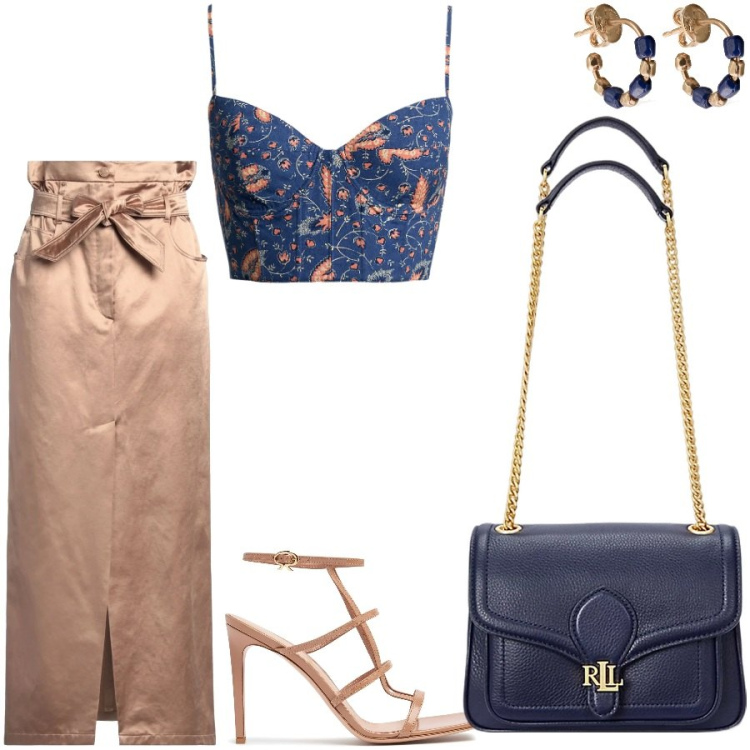 Outfit donna - Sabato sera. Stile Glamour per Serata fuori. Abbinamento con gonne lunghe, borse a spalla, top, orecchini, sandali in pelle.