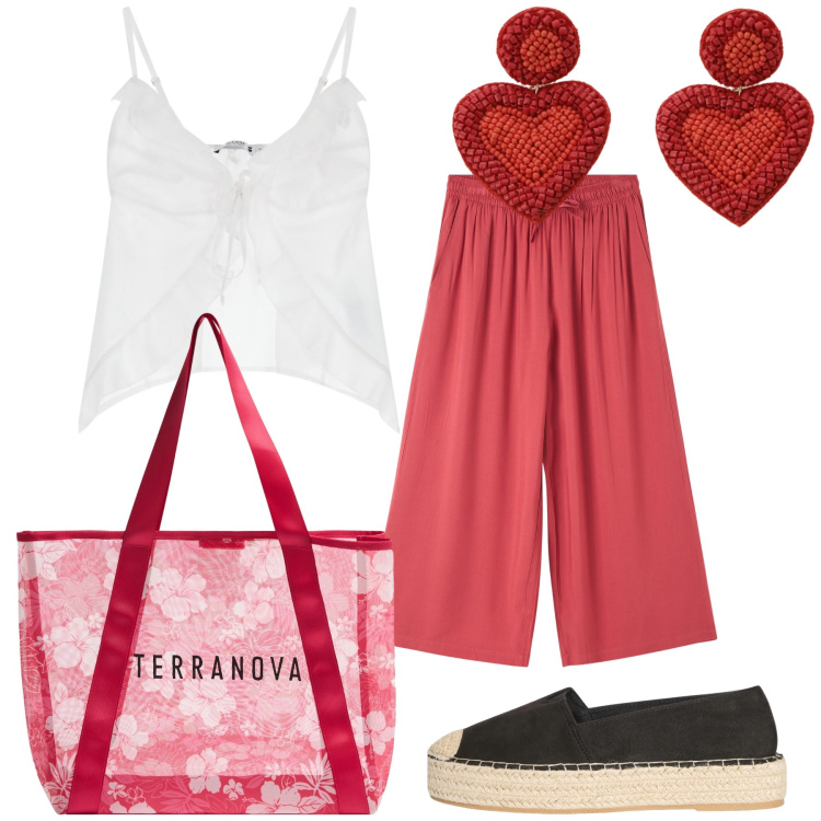 Outfit donna - I love Istanbul. Stile Trendy per Tutti i giorni. Abbinamento con pantaloni a palazzo, shopping bag, espadrillas, top, orecchini.