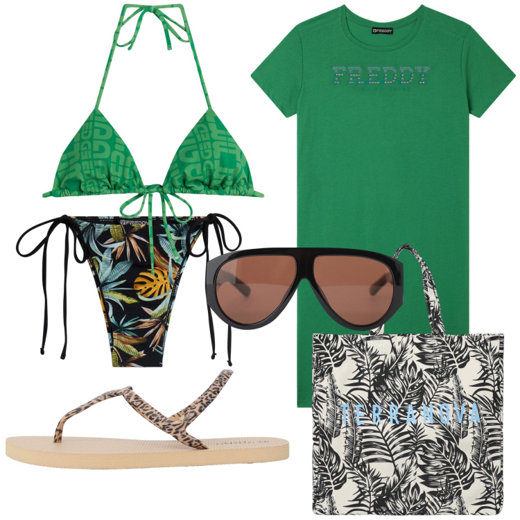 Outfit donna - Giungla marina. Stile Trendy per Mare. Abbinamento con borse tote, ciabatte, occhiali da sole, bikini, vestiti, bikini.