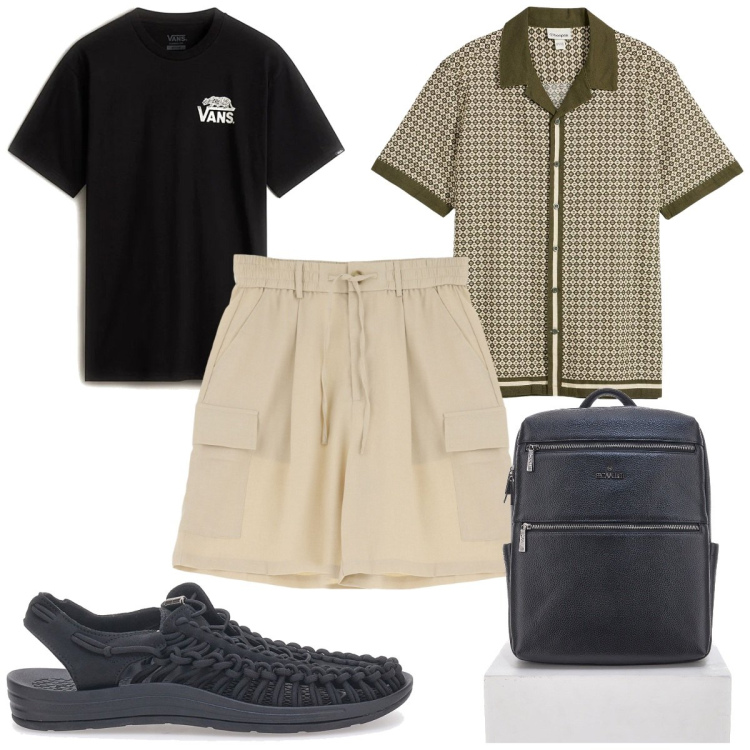 Outfit uomo - Total look #2198863. Stile Trendy per Tutti i giorni. Abbinamento con camicie a manica corta, bermuda, borse sportive, sandali, t-shirt.