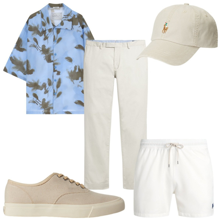 Outfit uomo - Total look #2198864. Stile Trendy per Mare. Abbinamento con camicie a manica corta, sneakers, cappelli, pantaloni chino, costumi.