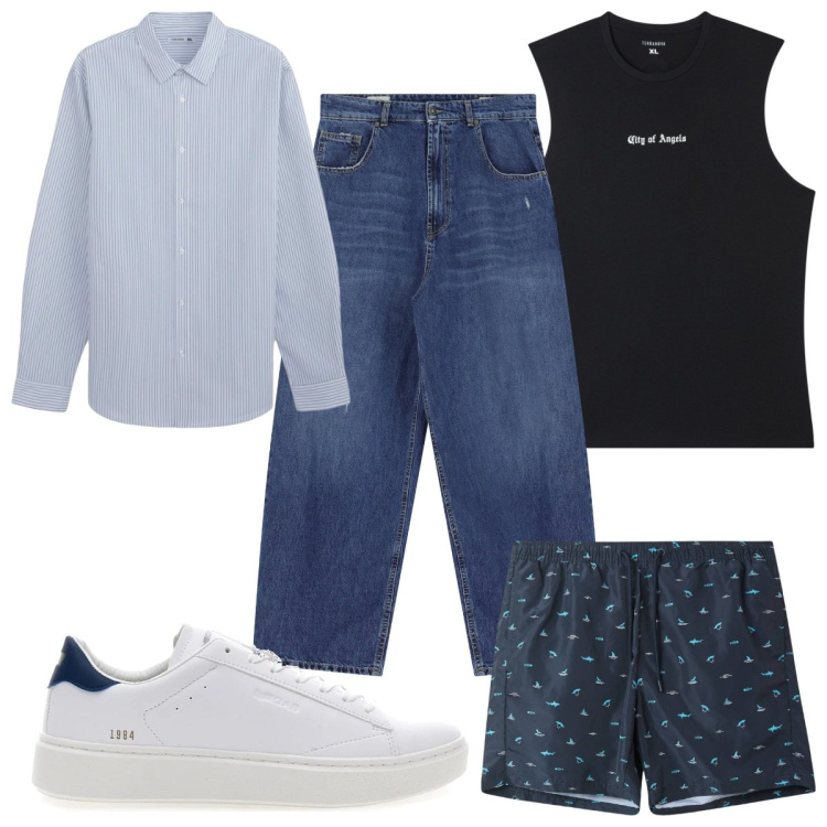 Outfit uomo - Total look #2198876. Stile Trendy per Mare. Abbinamento con camicie, costumi, canottiere, jeans, sneakers.
